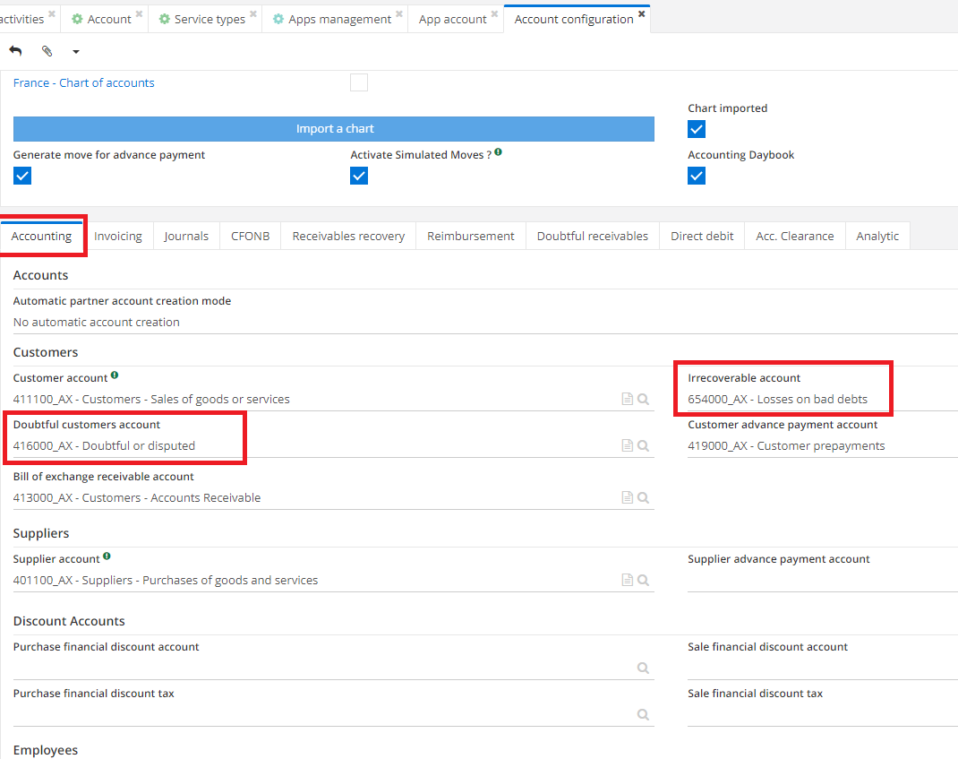 1.3 The Accounting configuration page on the Accounting tab, in the
Customer section, you'll find the “Doubtful customer account” and
“Irrecoverable account” fields.